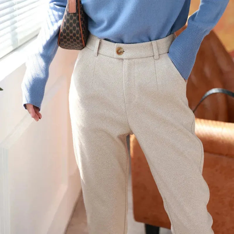 Pantalones de Lana para Mujer, Tipo Harem, de Lápiz, de Cintura Alta, Casuales, Tipo Traje