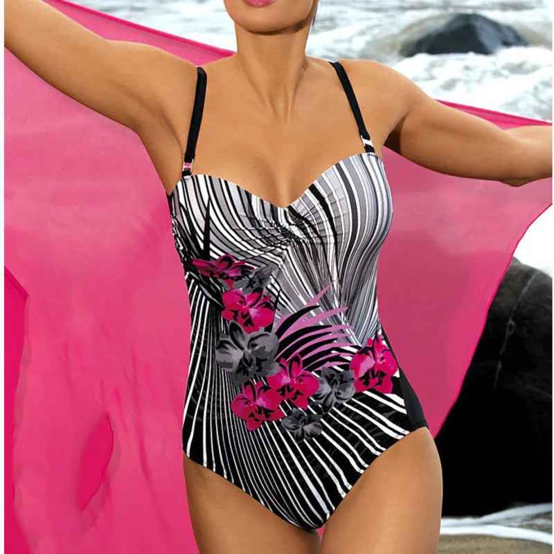 One Piece Swimsuit Push Up Women Flower Vintage Bathing Suit