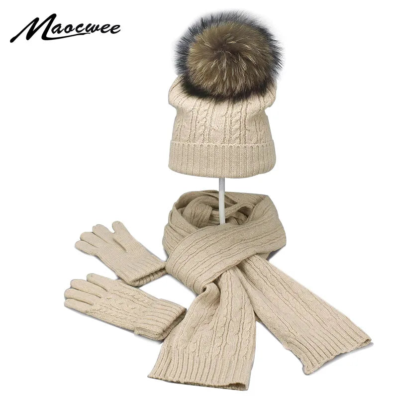 Real Fur Pompom Winter Knitted Hats for Women Hat Scarf Glove Set