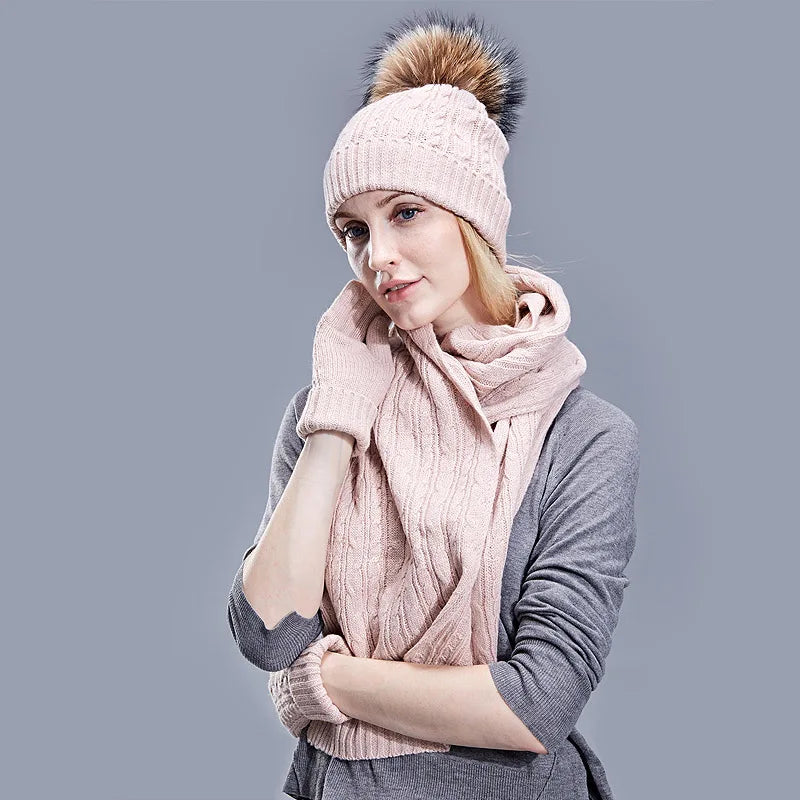 Real Fur Pompom Winter Knitted Hats for Women Hat Scarf Glove Set