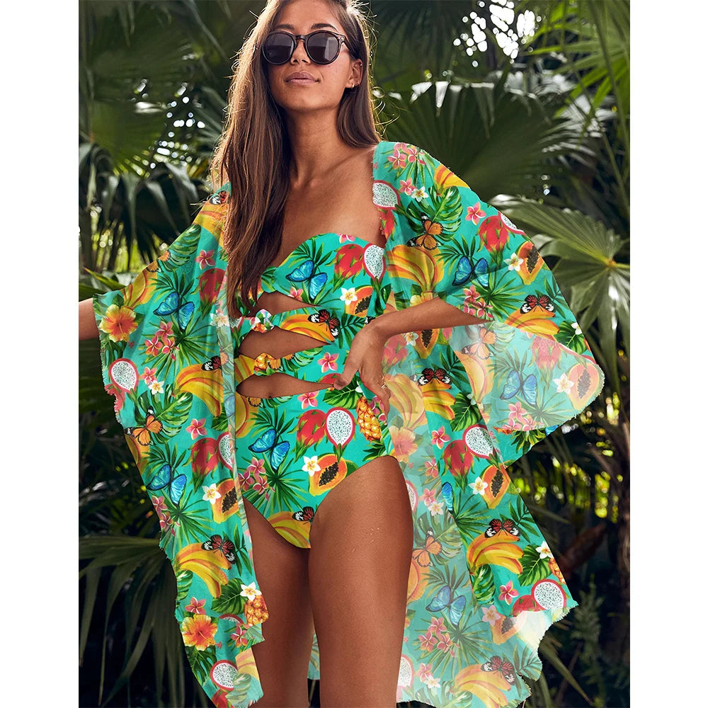 Printed Bikini Set with Wrap Skirt Sarong