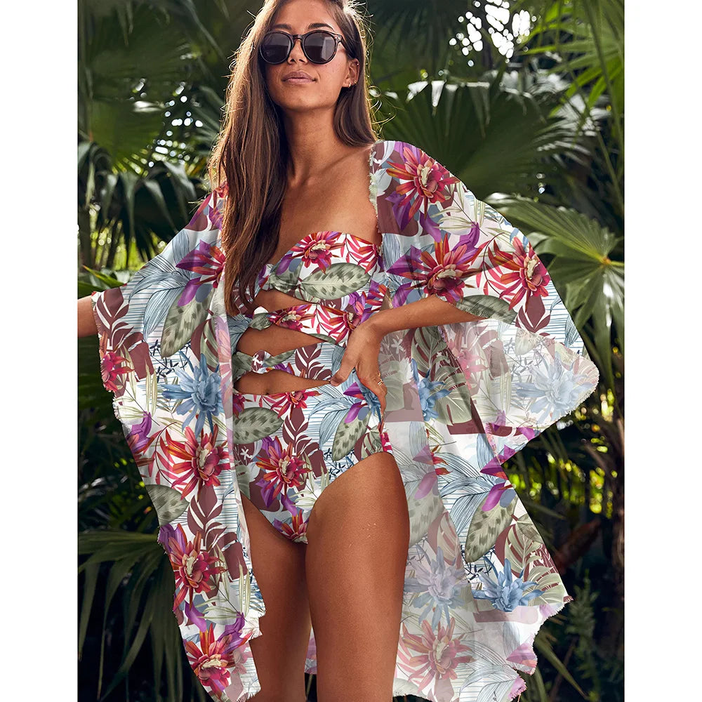 Printed Bikini Set with Wrap Skirt Sarong