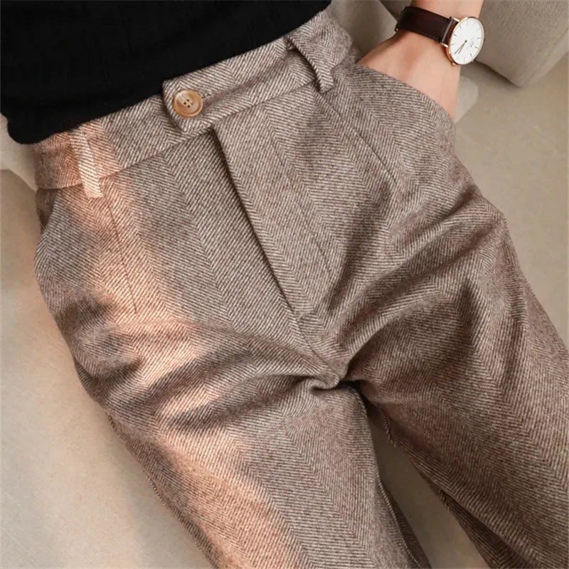 Pantalones de Lana para Mujer, Tipo Harem, de Lápiz, de Cintura Alta, Casuales, Tipo Traje