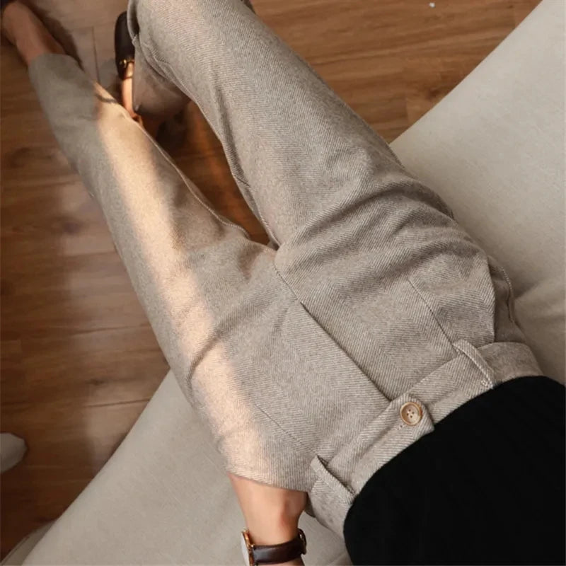Pantalones de Lana para Mujer, Tipo Harem, de Lápiz, de Cintura Alta, Casuales, Tipo Traje