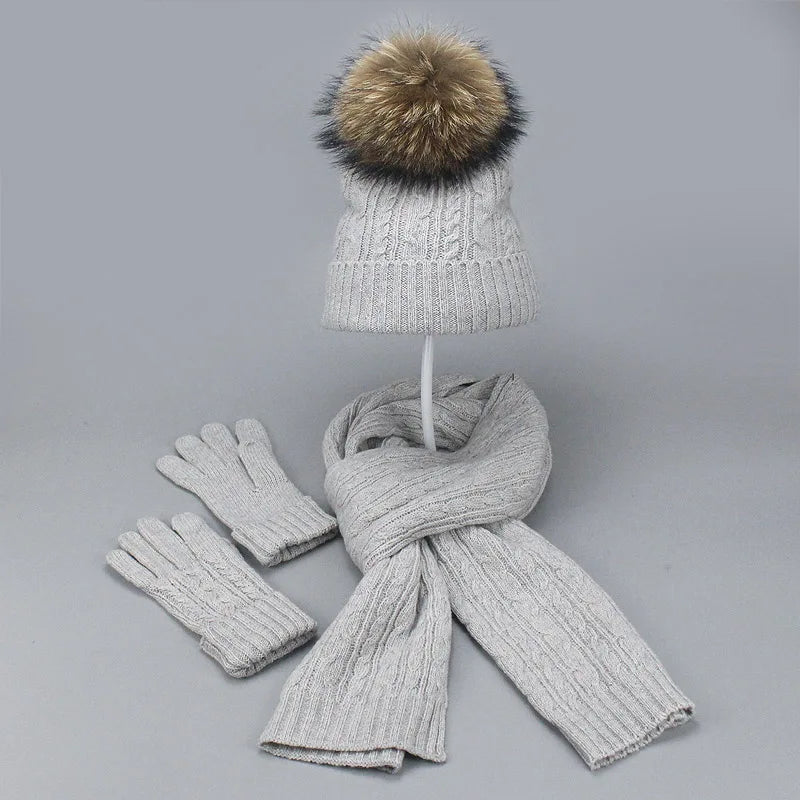 Real Fur Pompom Winter Knitted Hats for Women Hat Scarf Glove Set