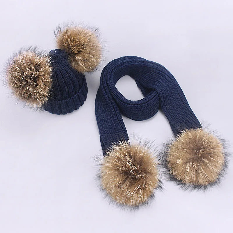 Parent-Child Caps Cute Infant Baby Pompon Winter Hat Scarf Sets