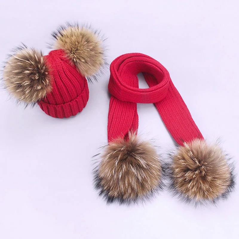 Parent-Child Caps Cute Infant Baby Pompon Winter Hat Scarf Sets