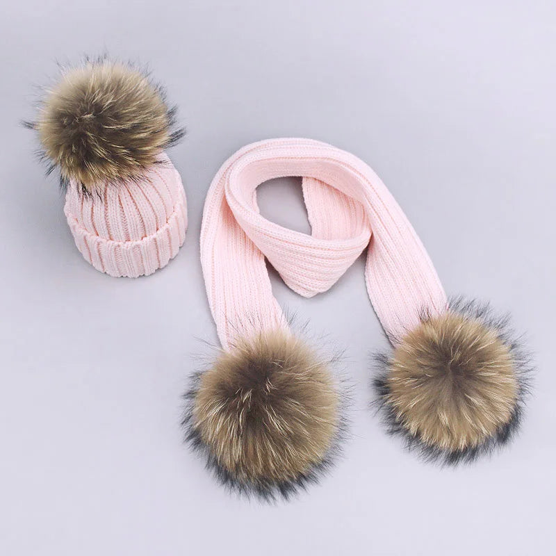 Parent-Child Caps Cute Infant Baby Pompon Winter Hat Scarf Sets