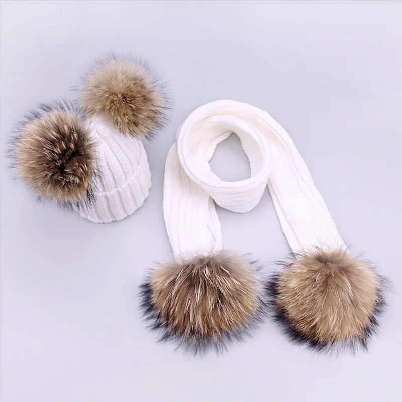 Parent-Child Caps Cute Infant Baby Pompon Winter Hat Scarf Sets