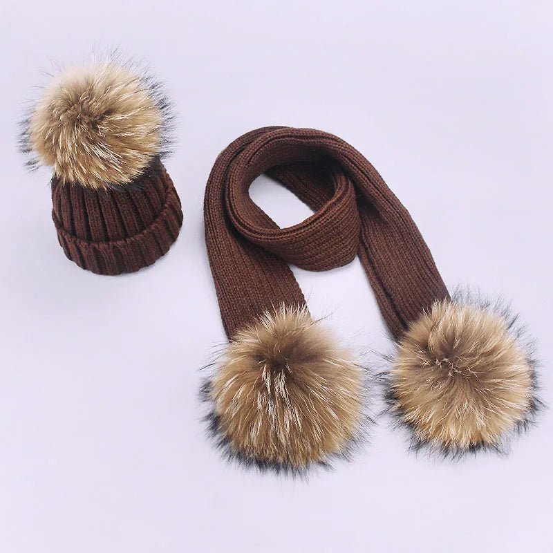 Parent-Child Caps Cute Infant Baby Pompon Winter Hat Scarf Sets