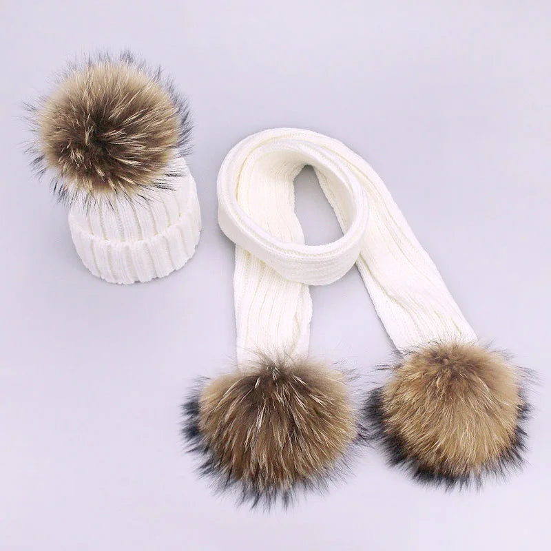 Parent-Child Caps Cute Infant Baby Pompon Winter Hat Scarf Sets