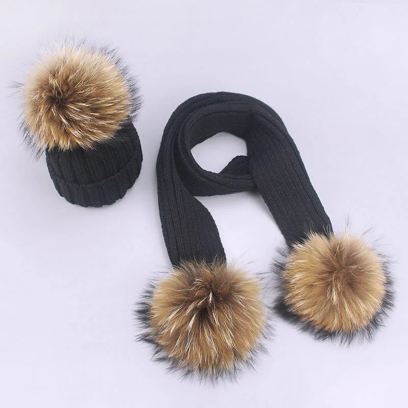 Parent-Child Caps Cute Infant Baby Pompon Winter Hat Scarf Sets