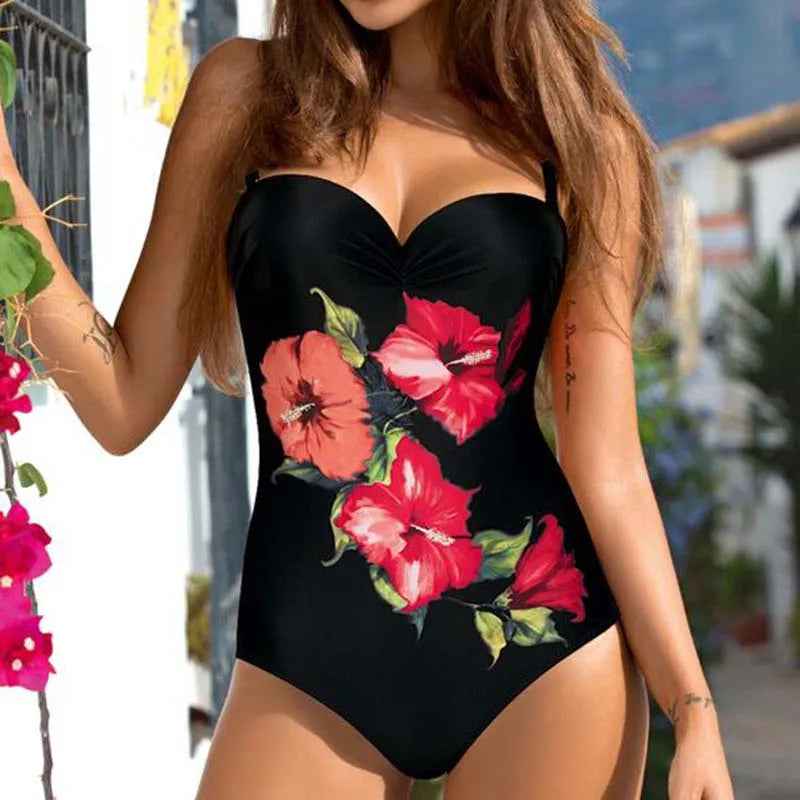 Sexy One Piece Swimsuit Women Flower Push Up Swimsuits