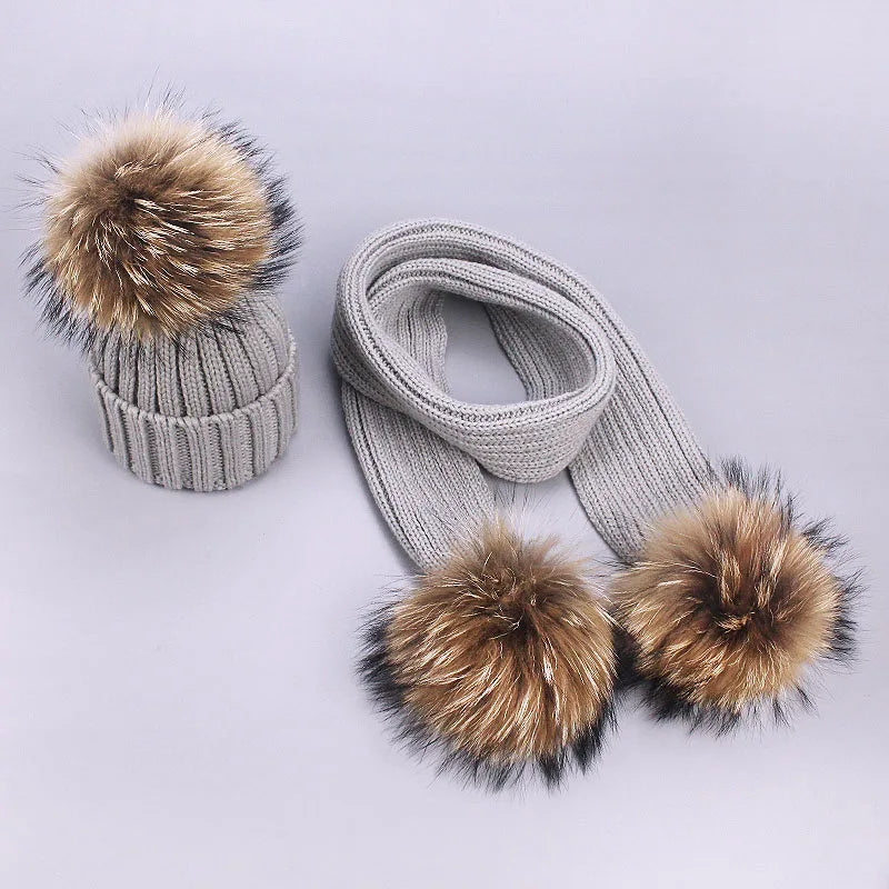 Parent-Child Caps Cute Infant Baby Pompon Winter Hat Scarf Sets