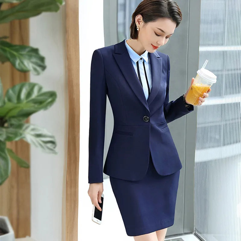 Women Suit Temperament Slim Long Sleeve Blazer With Skirt Office Ladies Uniforms