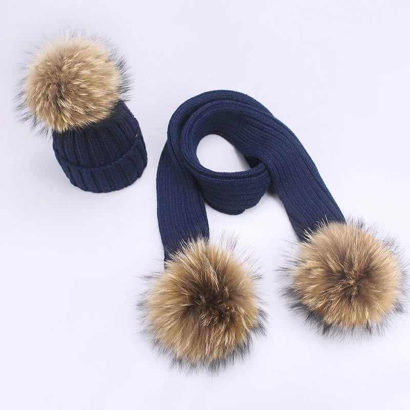 Parent-Child Caps Cute Infant Baby Pompon Winter Hat Scarf Sets