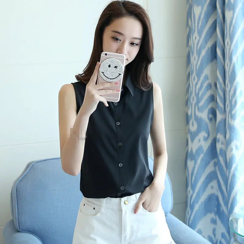 Fashion Women Turn Down Collar Blouse Sleeveless