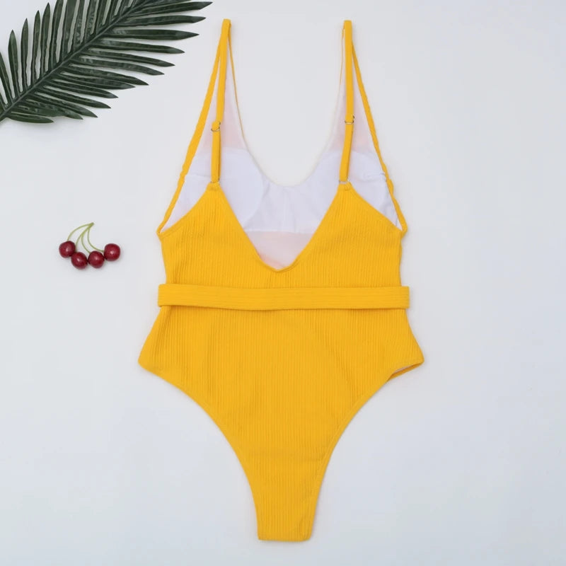 Belted Solid One-Piece Swimsuit