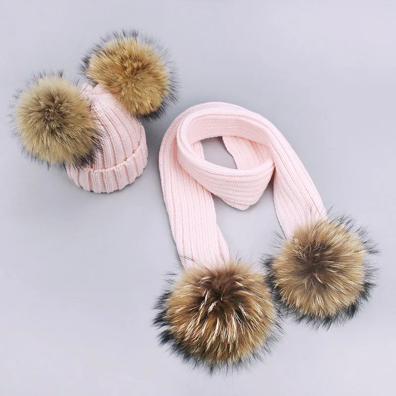 Parent-Child Caps Cute Infant Baby Pompon Winter Hat Scarf Sets