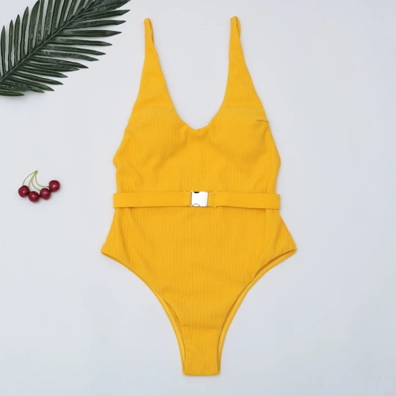 Belted Solid One-Piece Swimsuit