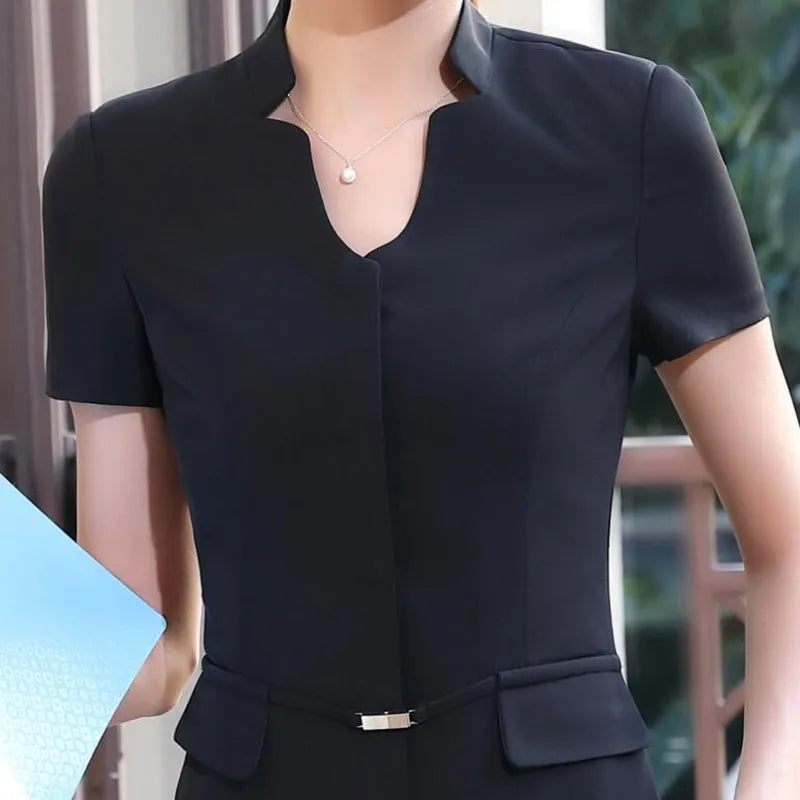 Business Pant Suit Slim Short Sleeve v Neck Blazer and Trousers Office Wear