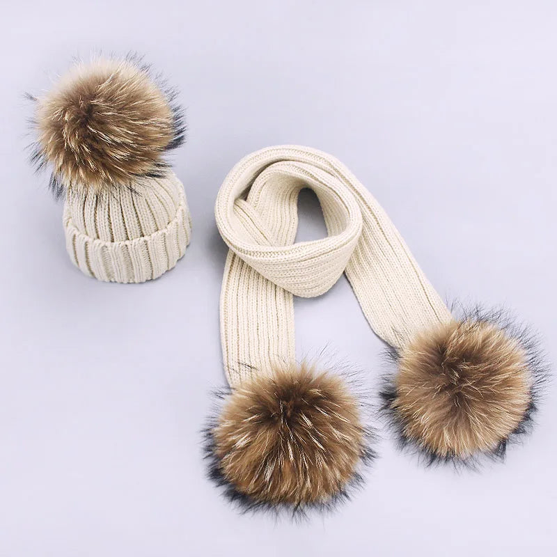 Parent-Child Caps Cute Infant Baby Pompon Winter Hat Scarf Sets