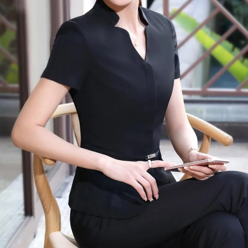 Business Pant Suit Slim Short Sleeve v Neck Blazer and Trousers Office Wear