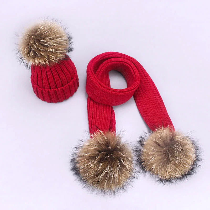 Parent-Child Caps Cute Infant Baby Pompon Winter Hat Scarf Sets