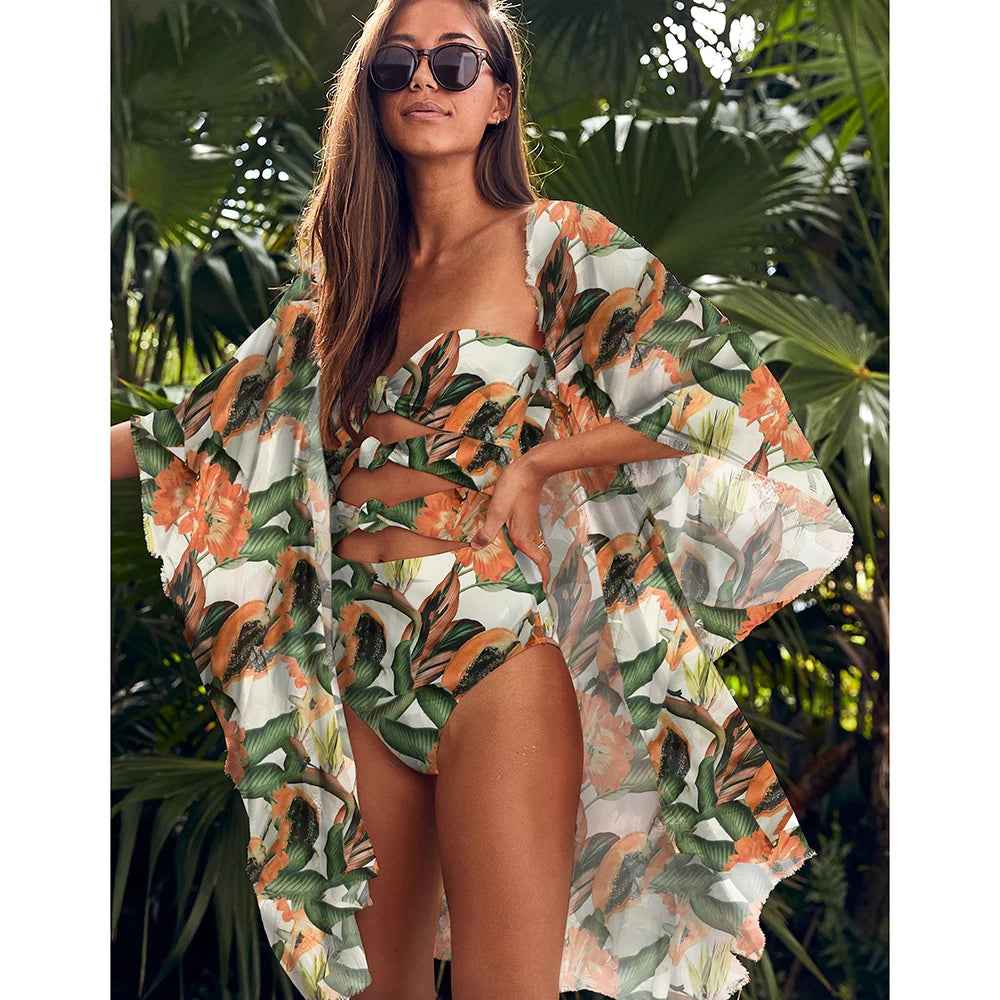 Printed Bikini Set with Wrap Skirt Sarong