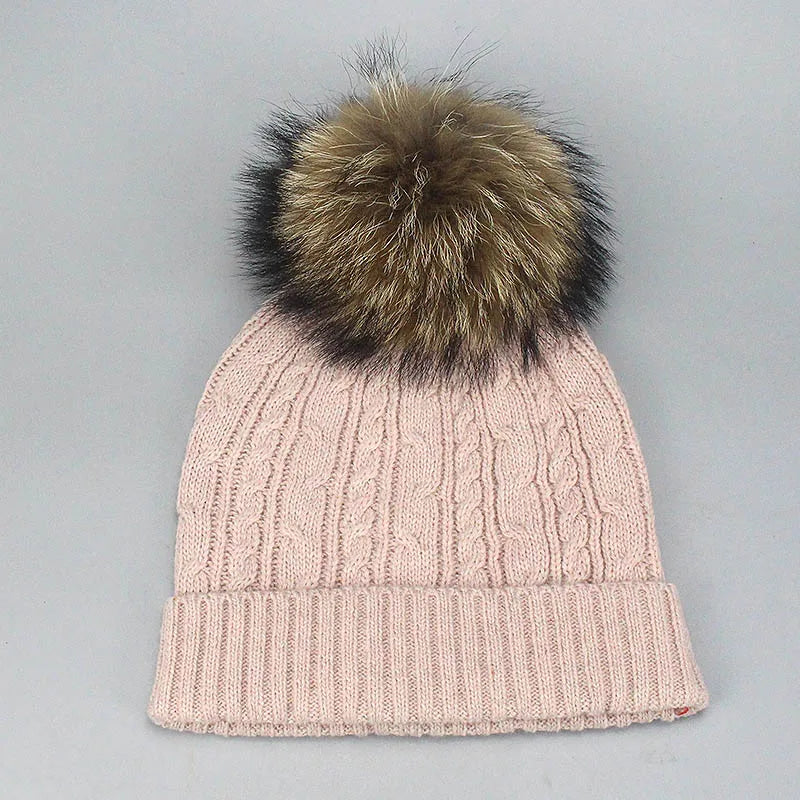 Real Fur Pompom Winter Knitted Hats for Women Hat Scarf Glove Set