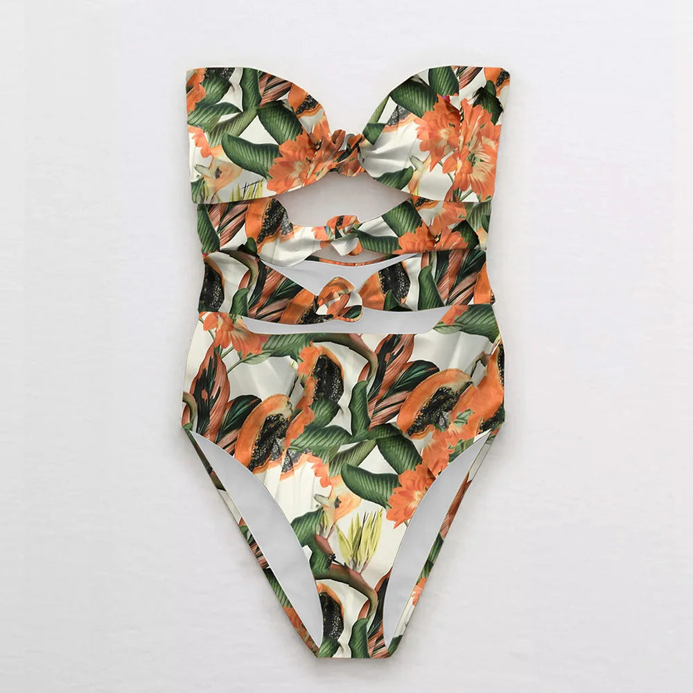 Printed Bikini Set with Wrap Skirt Sarong