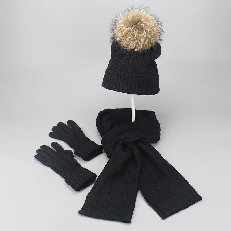 Real Fur Pompom Winter Knitted Hats for Women Hat Scarf Glove Set