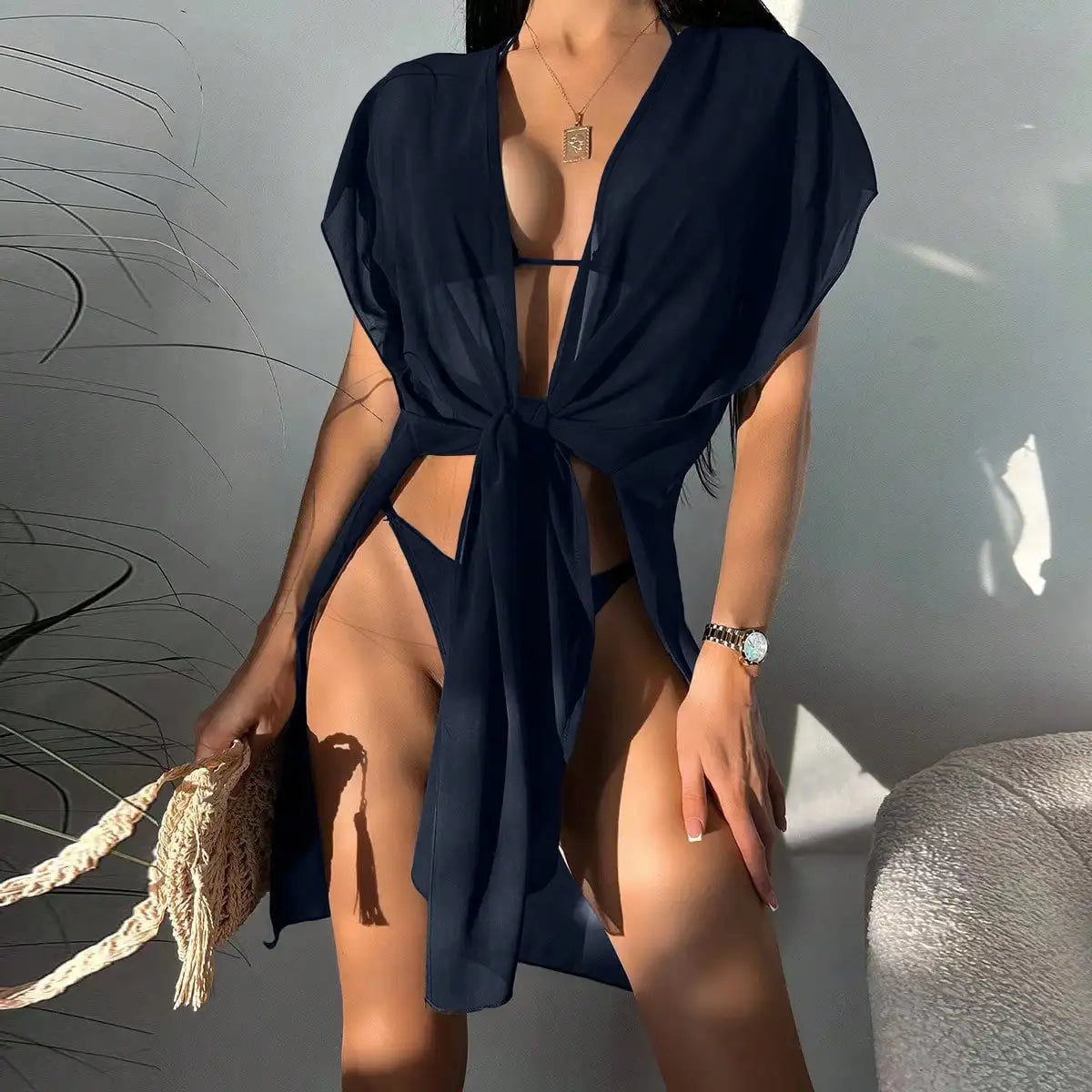 Solid Color Sexy Women Sheer Mesh Beachwear Coverup Kimono Cardigan Beachwear