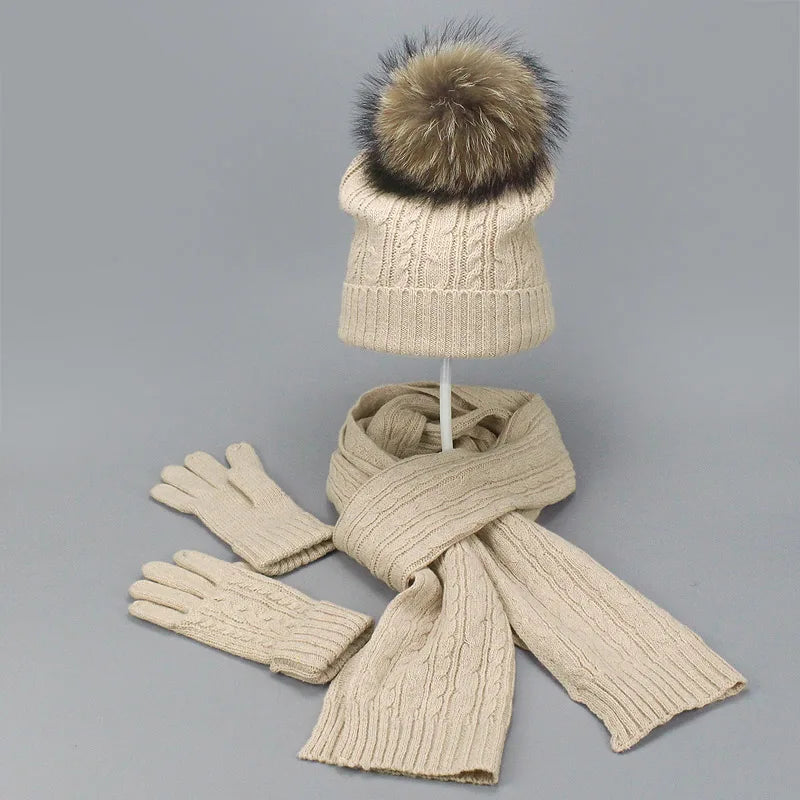 Real Fur Pompom Winter Knitted Hats for Women Hat Scarf Glove Set