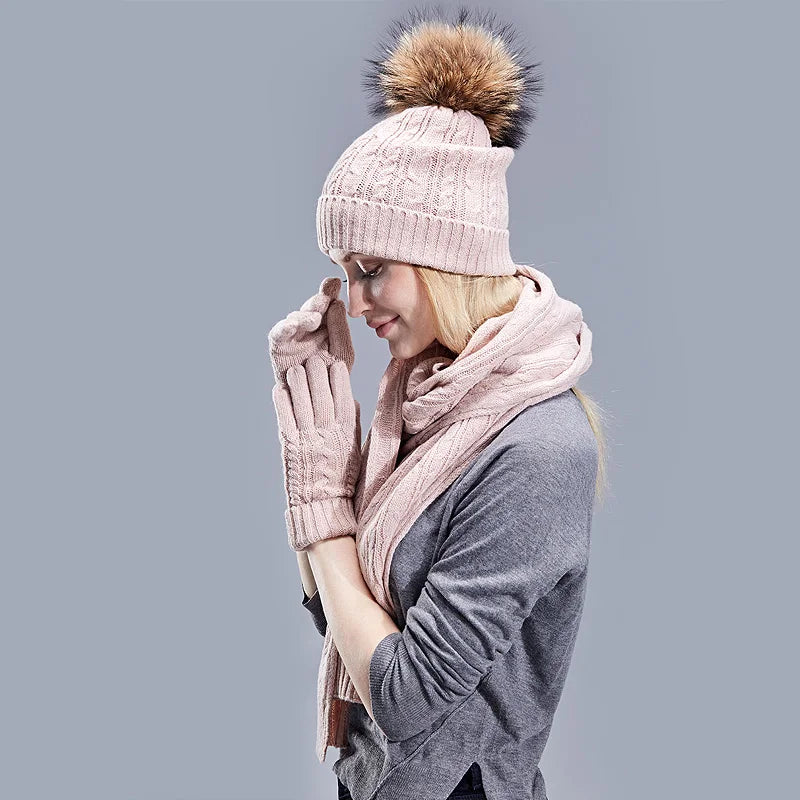 Real Fur Pompom Winter Knitted Hats for Women Hat Scarf Glove Set