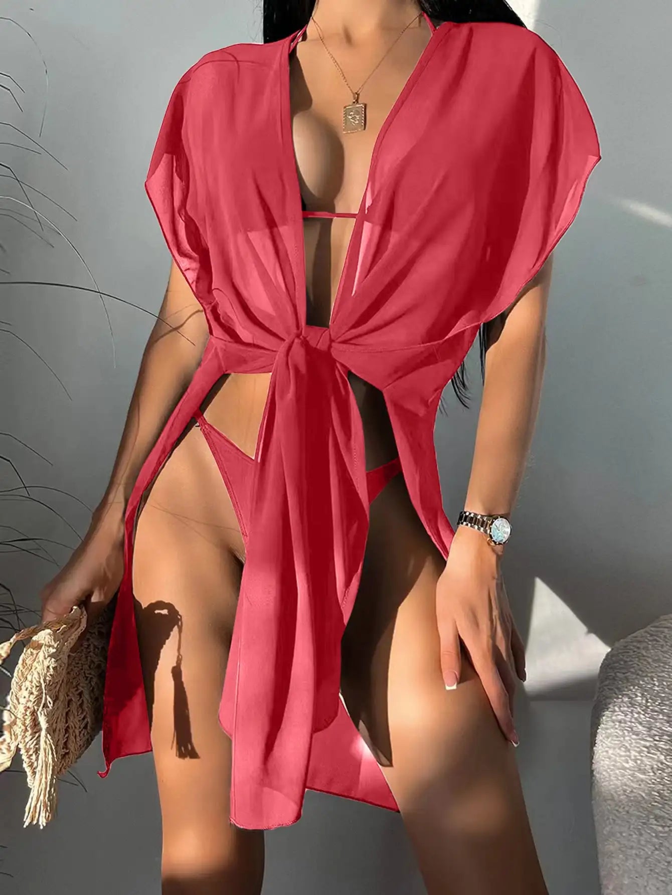 Solid Color Sexy Women Sheer Mesh Beachwear Coverup Kimono Cardigan Beachwear