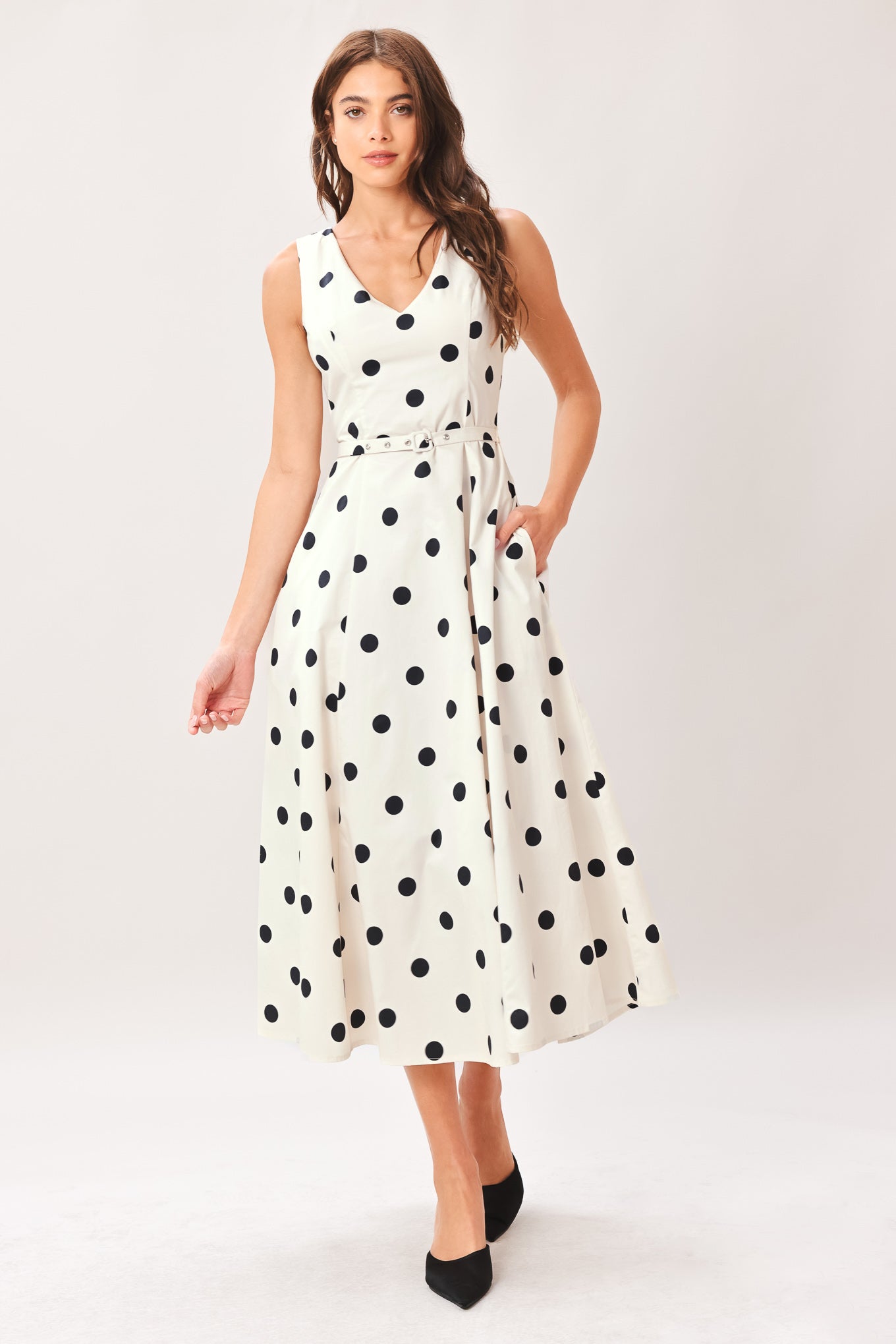 Pure Polka Belted Woven Midi Dress