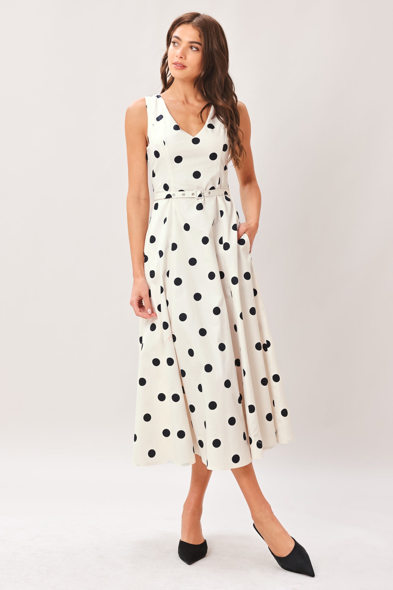 Pure Polka Belted Woven Midi Dress