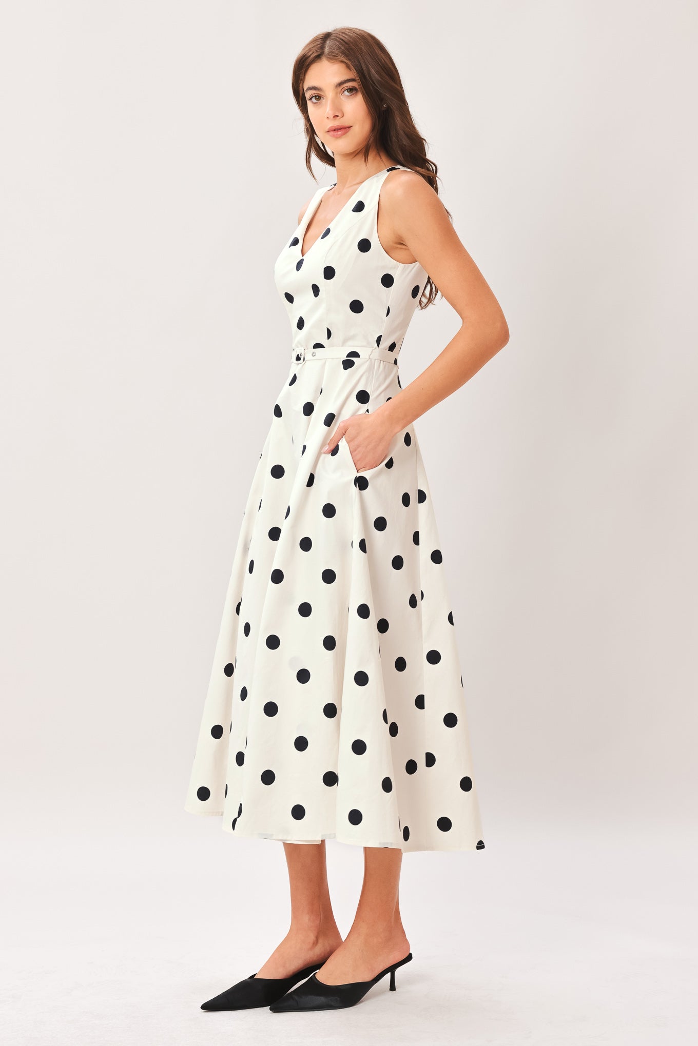 Pure Polka Belted Woven Midi Dress