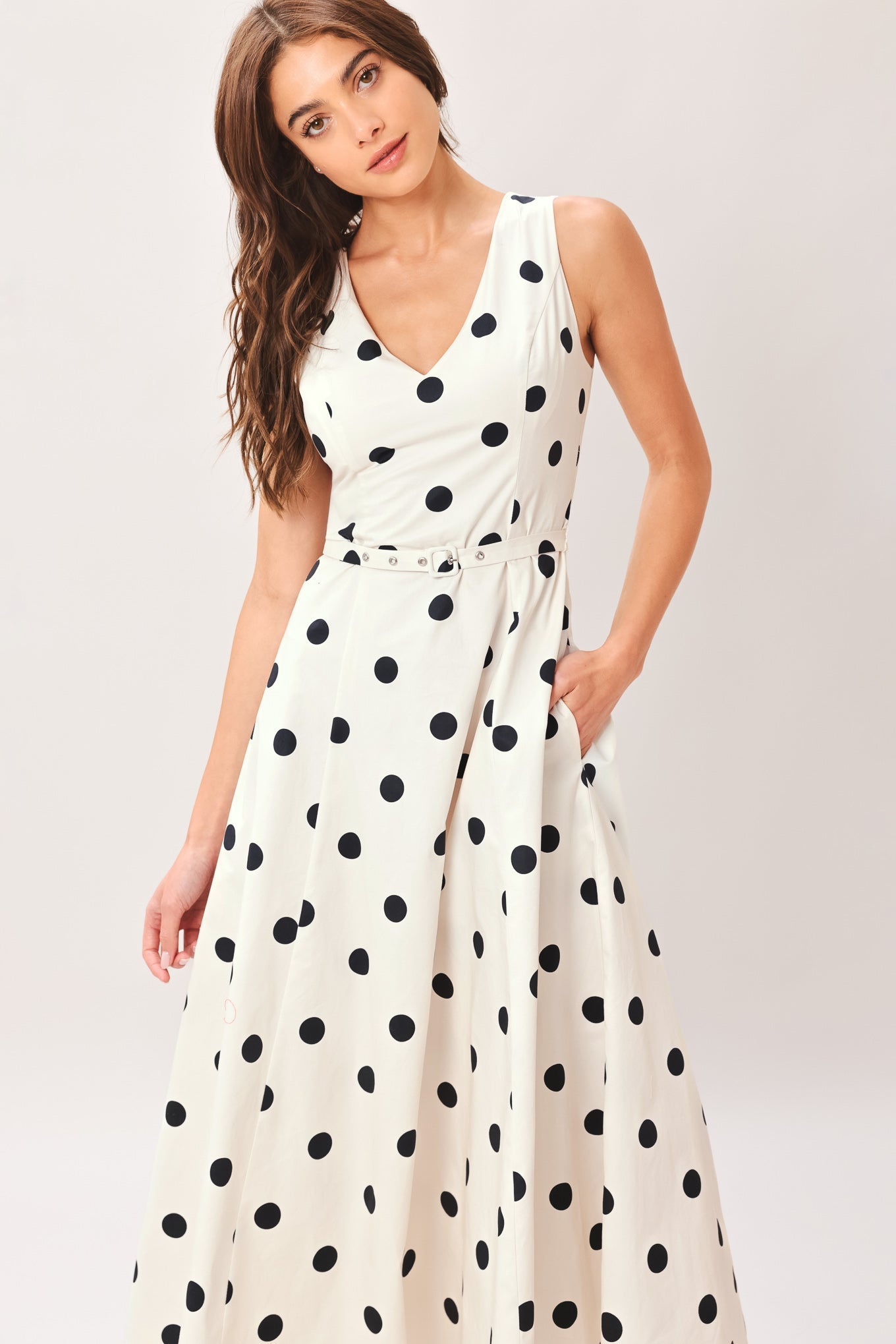 Pure Polka Belted Woven Midi Dress