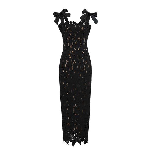Black Floral Lace Midi Dress