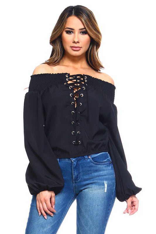 Twilight Lace: Off-Shoulder Lace-Up Blouse