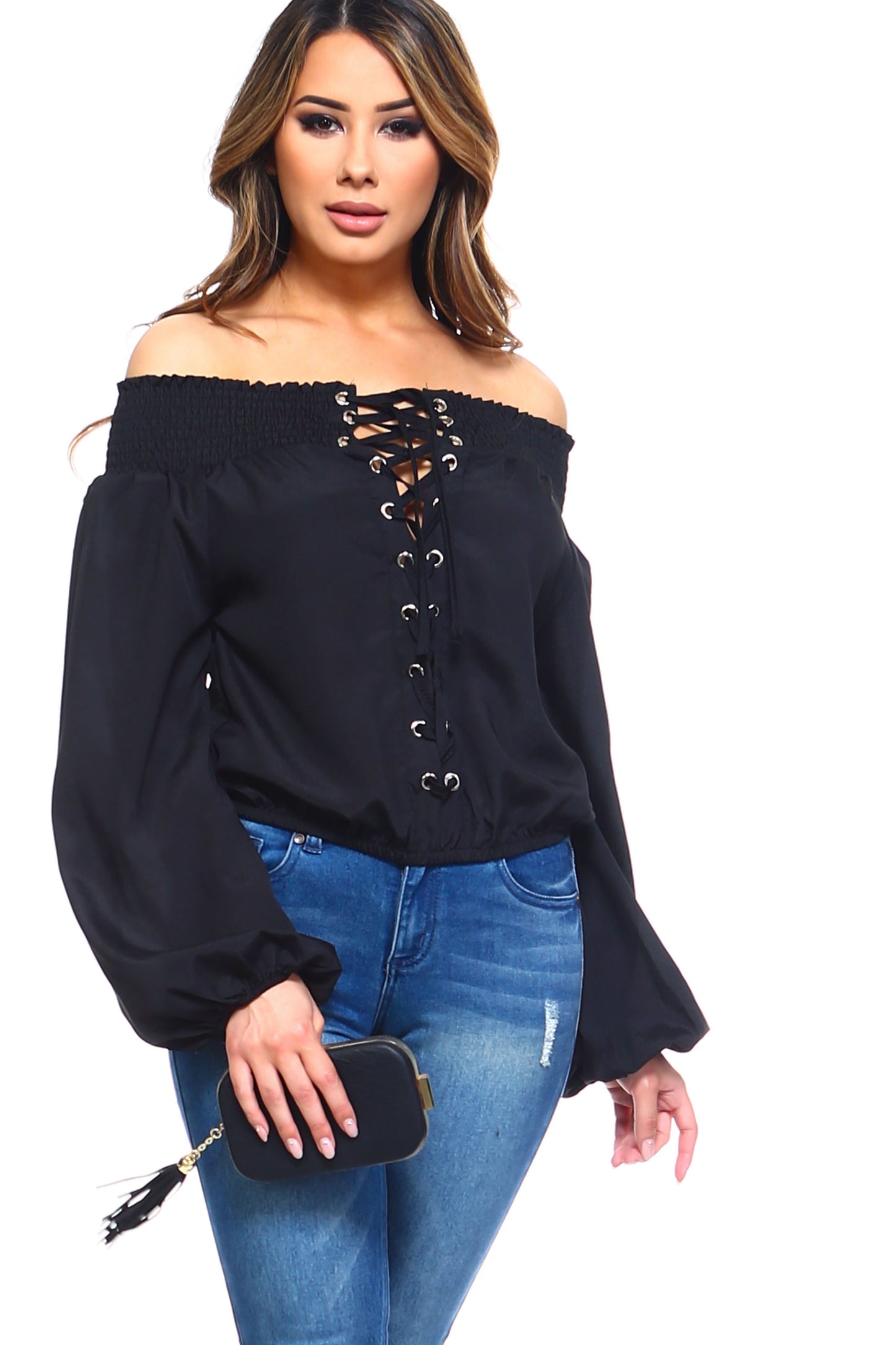 Twilight Lace: Off-Shoulder Lace-Up Blouse
