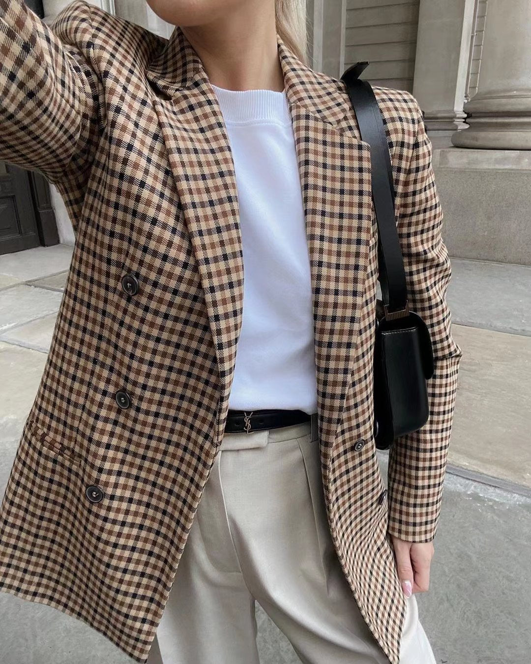 Double-Breasted Plaid Blazer — Structured Plaid Suit Jacket