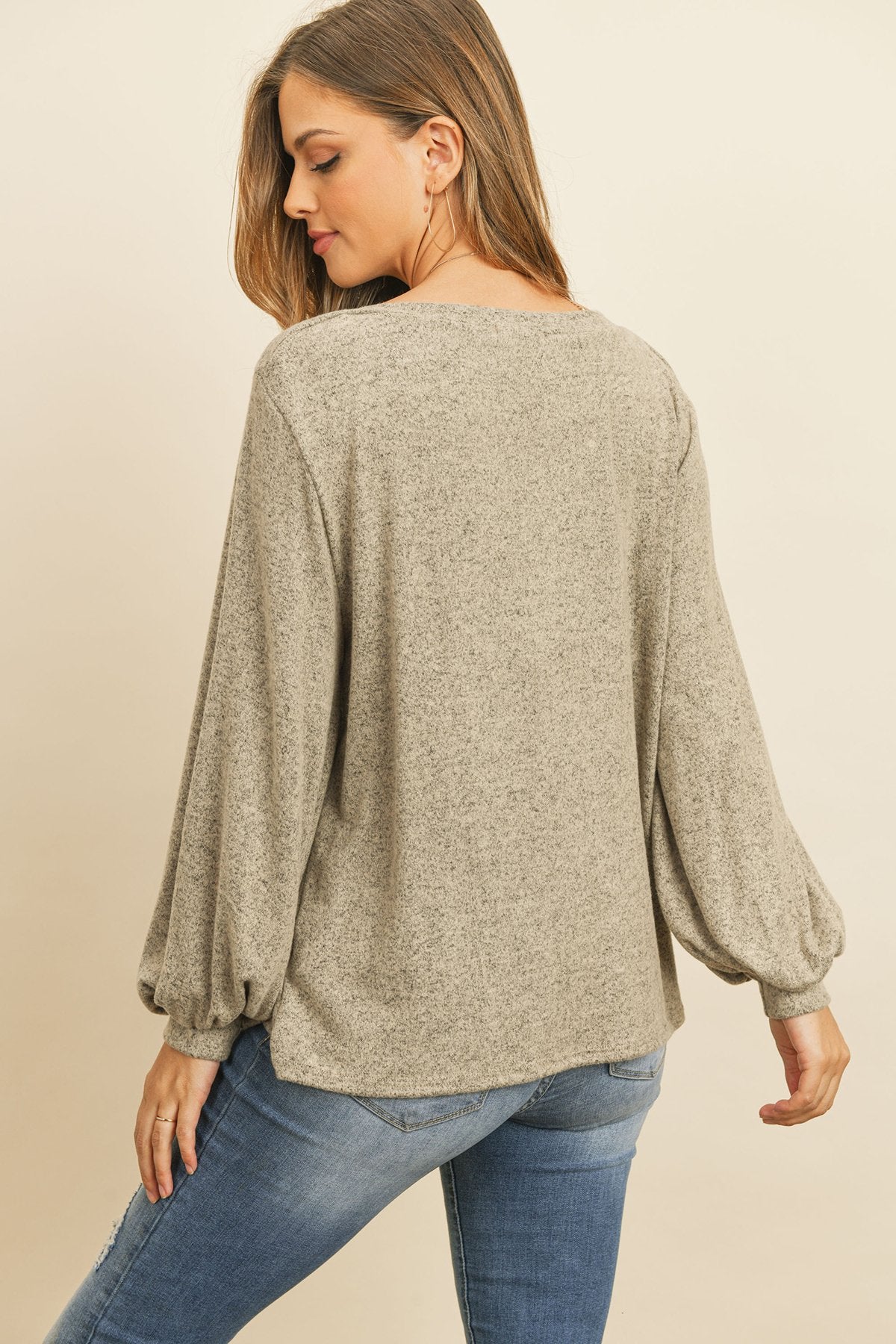 Puff Sleeved Boat Neck Two Toned Brushed Hacci Top