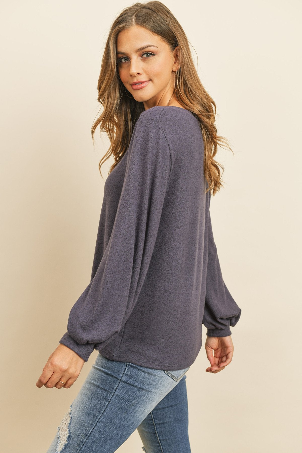 Puff Sleeved Boat Neck Two Toned Brushed Hacci Top