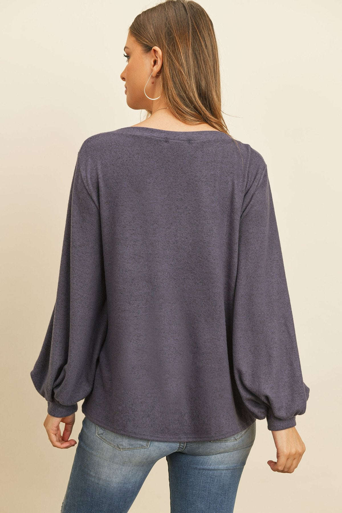 Puff Sleeved Boat Neck Two Toned Brushed Hacci Top