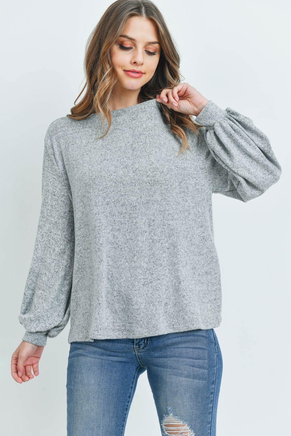 Puff Sleeved Boat Neck Two Toned Brushed Hacci Top