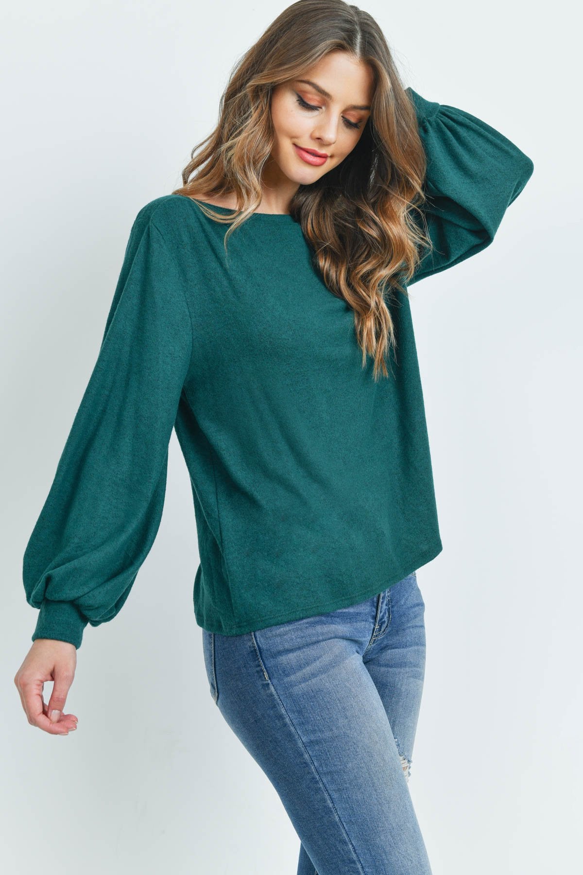 Puff Sleeved Boat Neck Two Toned Brushed Hacci Top