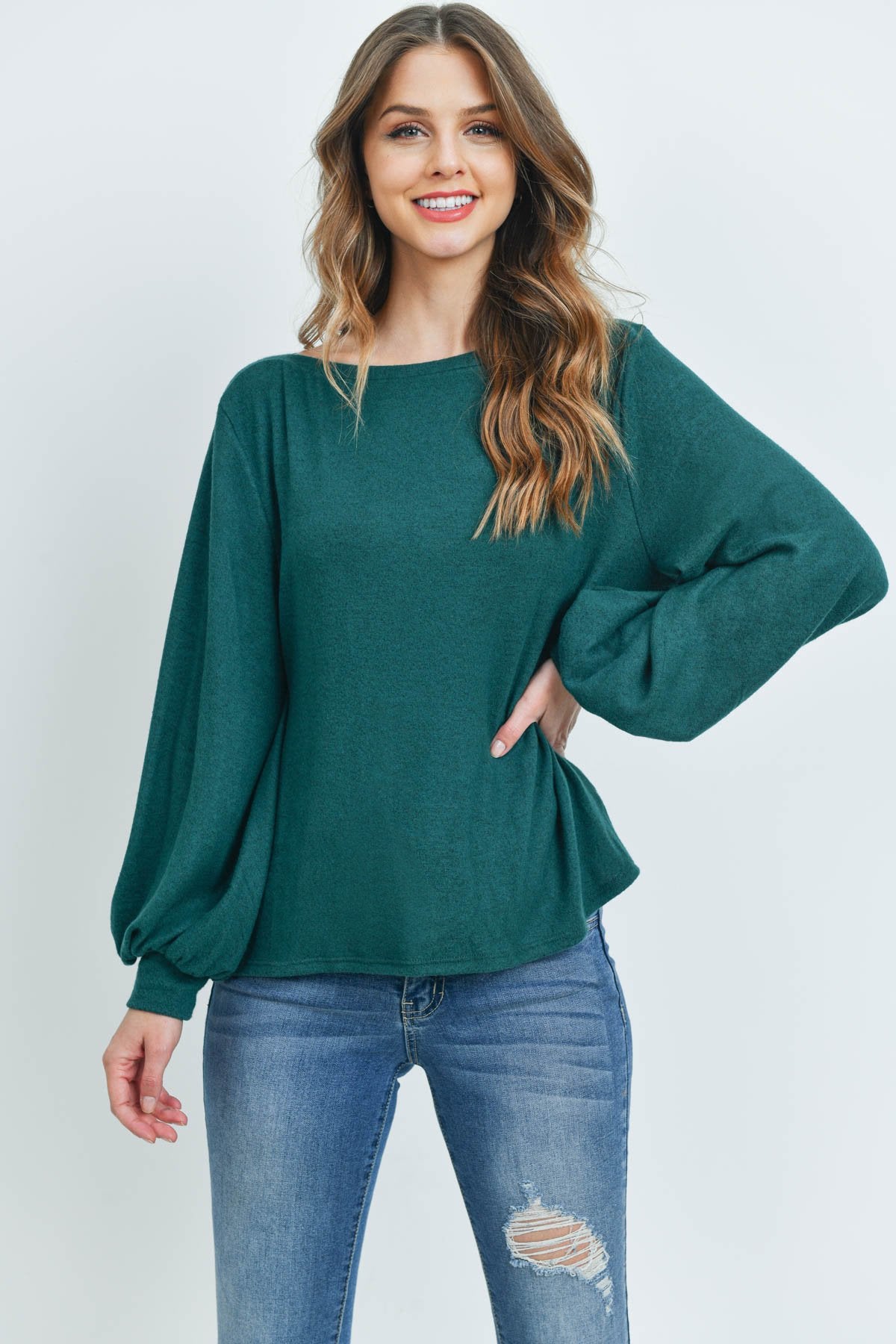 Puff Sleeved Boat Neck Two Toned Brushed Hacci Top